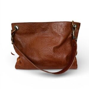 American Leather Co Tan Embossed Tooled Floral Shoulder Bag Crossbody Purse